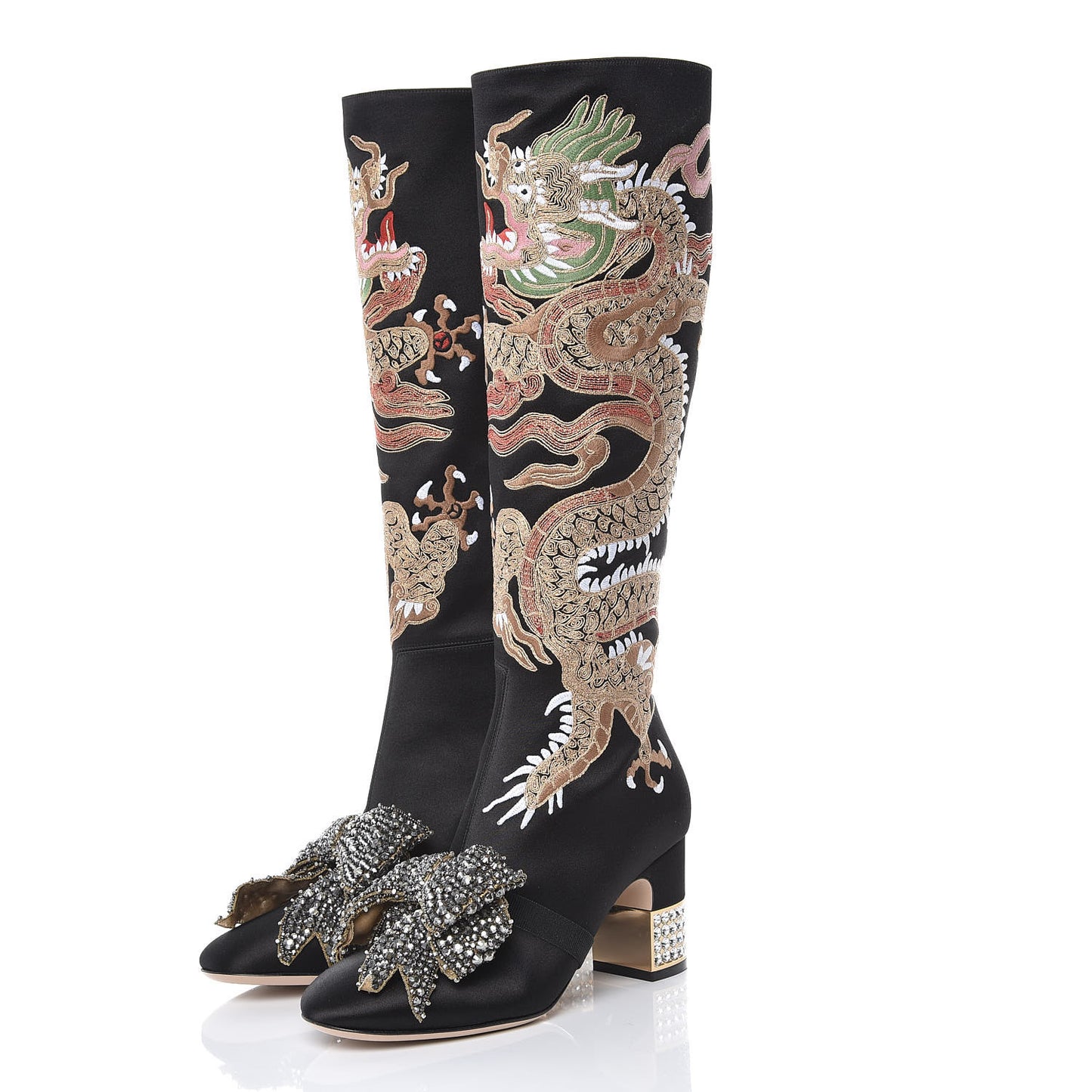 Silk Satin Malaga Kid Embroidered Candy Dragon Block-Heel Knee Boot 37.5 Black