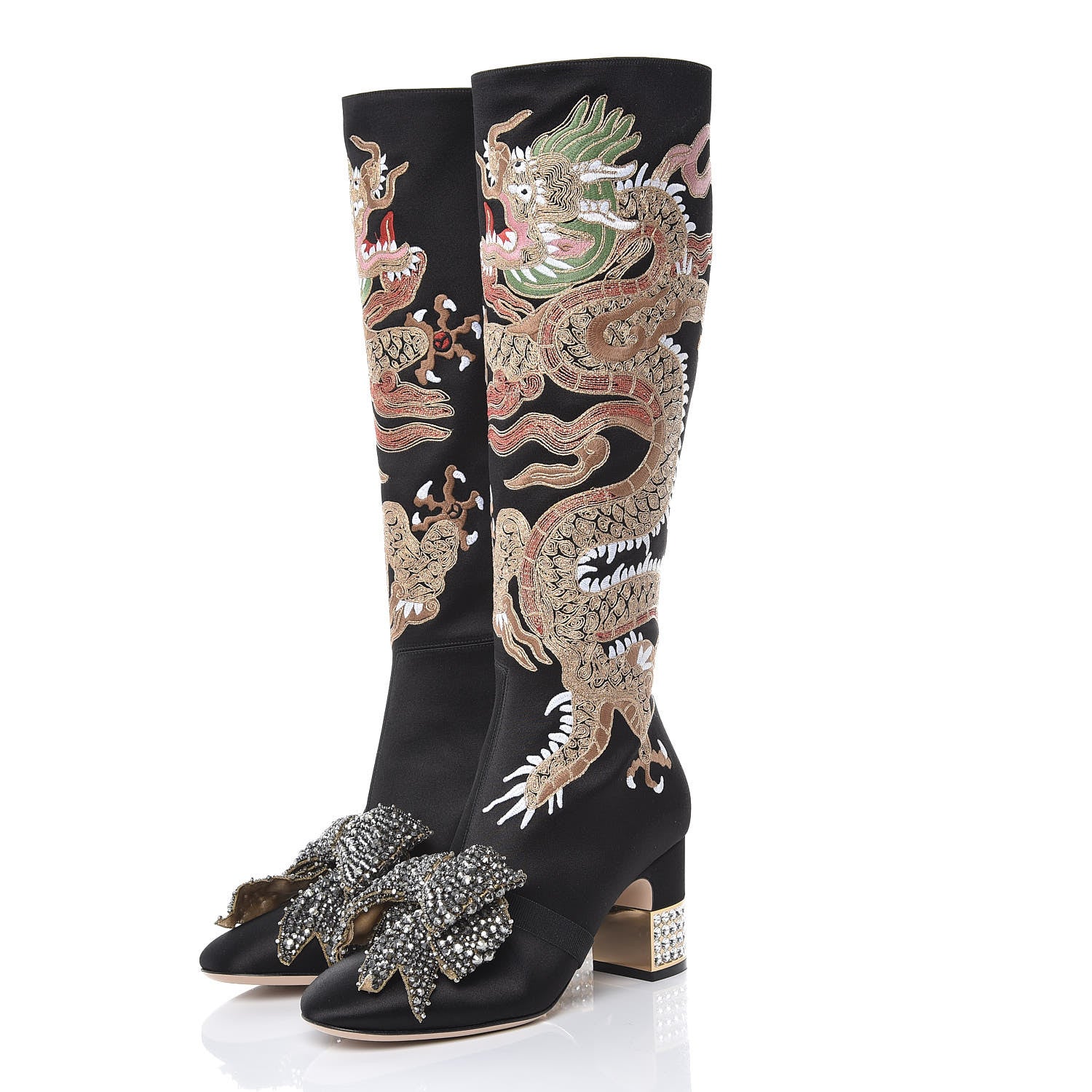 Gucci Silk Satin Malaga Kid Embroidered Candy Dragon Block-Heel Knee Boot 37.5 Black 3 of 9