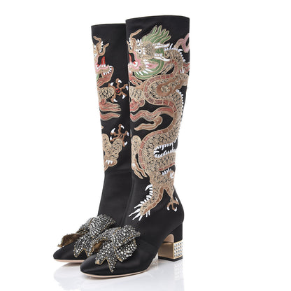 Gucci Silk Satin Malaga Kid Embroidered Candy Dragon Block-Heel Knee Boot 37.5 Black 3 of 9