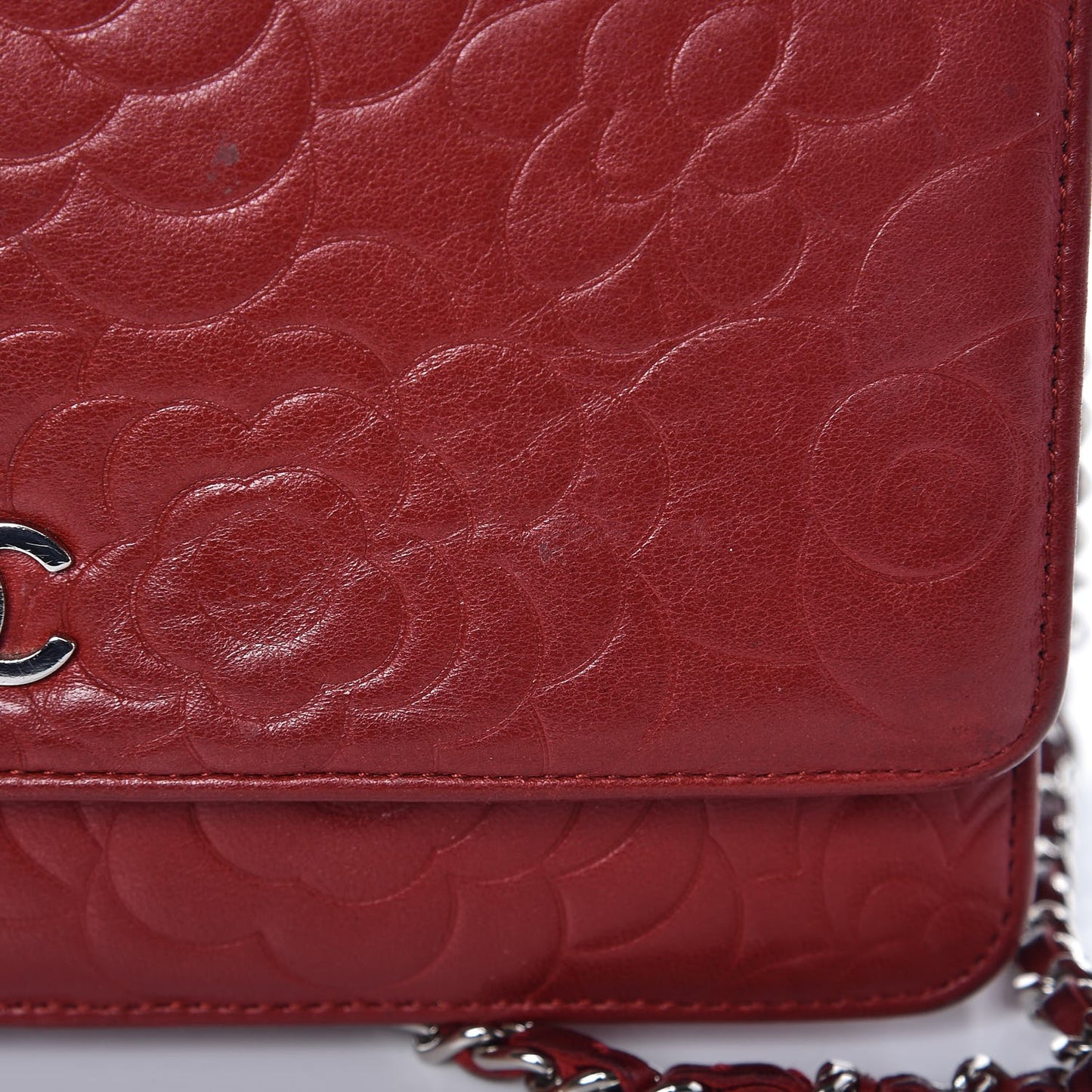 Lambskin Camellia Embossed Wallet On Chain WOC Dark Red