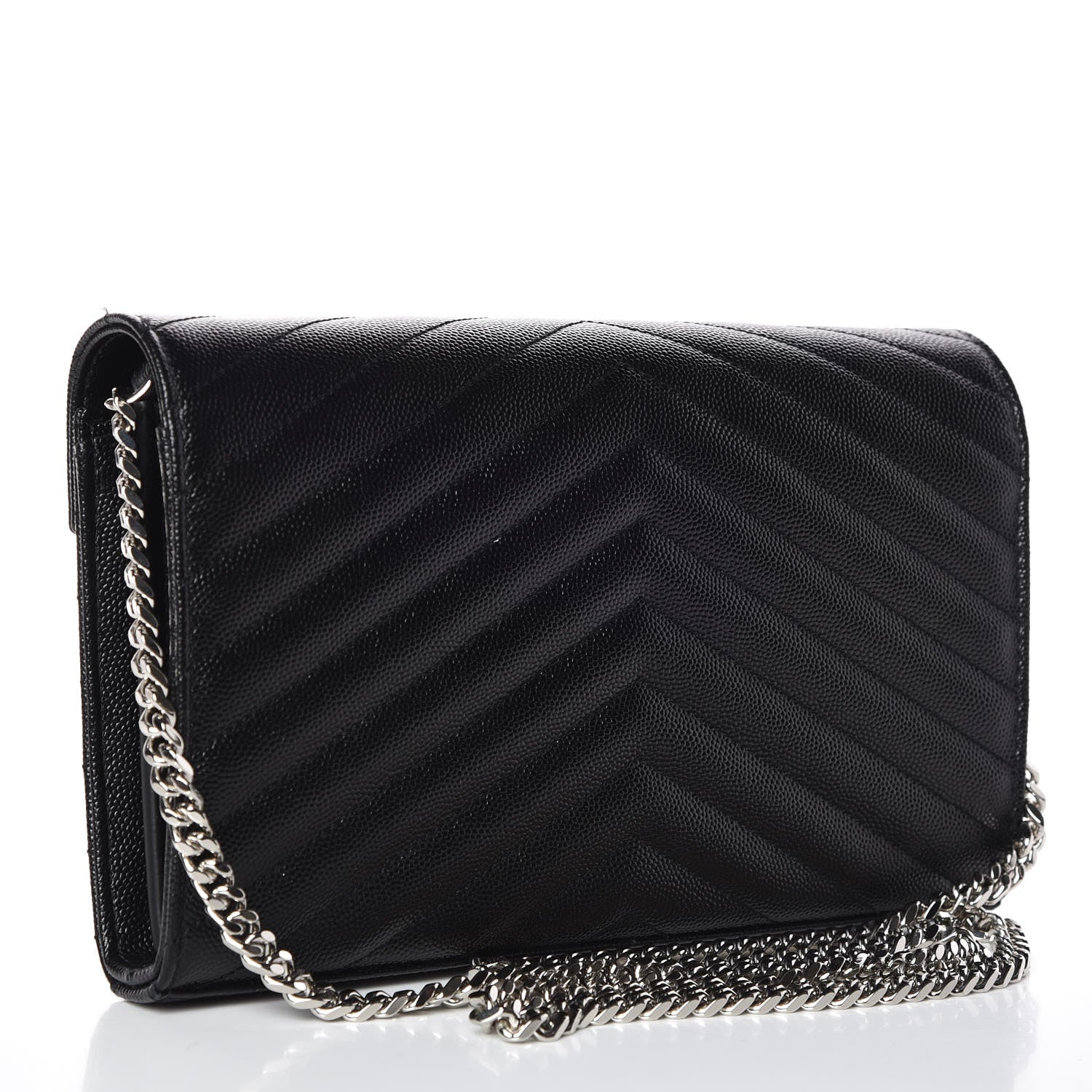 Saint Laurent Grain De Poudre Matelasse Chevron Monogram Chain Wallet Black 3 of 7
