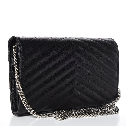 Saint Laurent Grain De Poudre Matelasse Chevron Monogram Chain Wallet Black 3 of 7