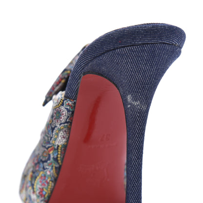 Christian Louboutin Satin Paisley Denim Moniquissima 120 Platform Slide Sandals 37 Positano Blue 9 of 10