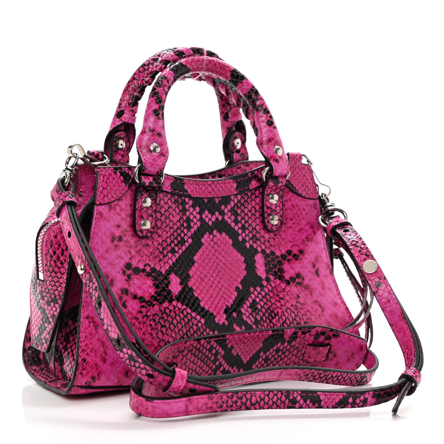 Balenciaga Calfskin Python Effect Neo Classic Silver Hardware Mini City Fuchsia Black 3 of 11