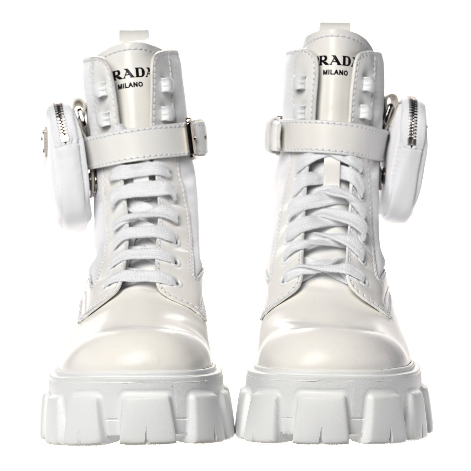 Prada Spazzolato Rois Re-Nylon Metal Triangle Logo Mens Monolith Pouch Pocket 60mm Combat Boots 8 White 2 of 12