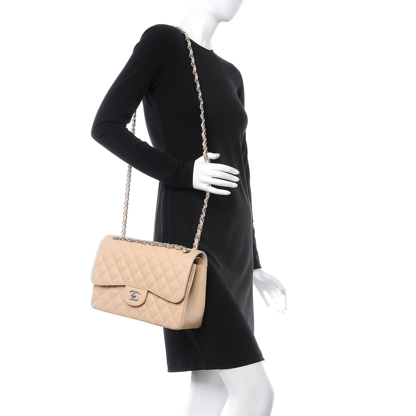 Caviar Quilted Jumbo Double Flap Beige Clair