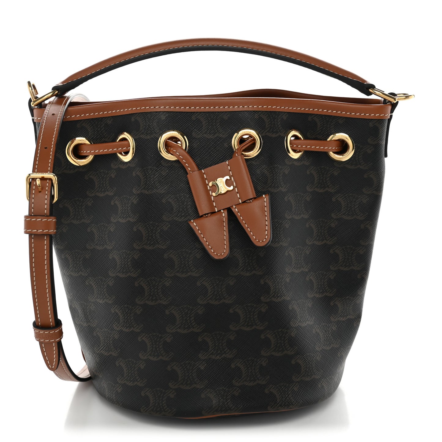 Triomphe Canvas Calfskin Teen Clara Drawstring Bucket Bag Tan