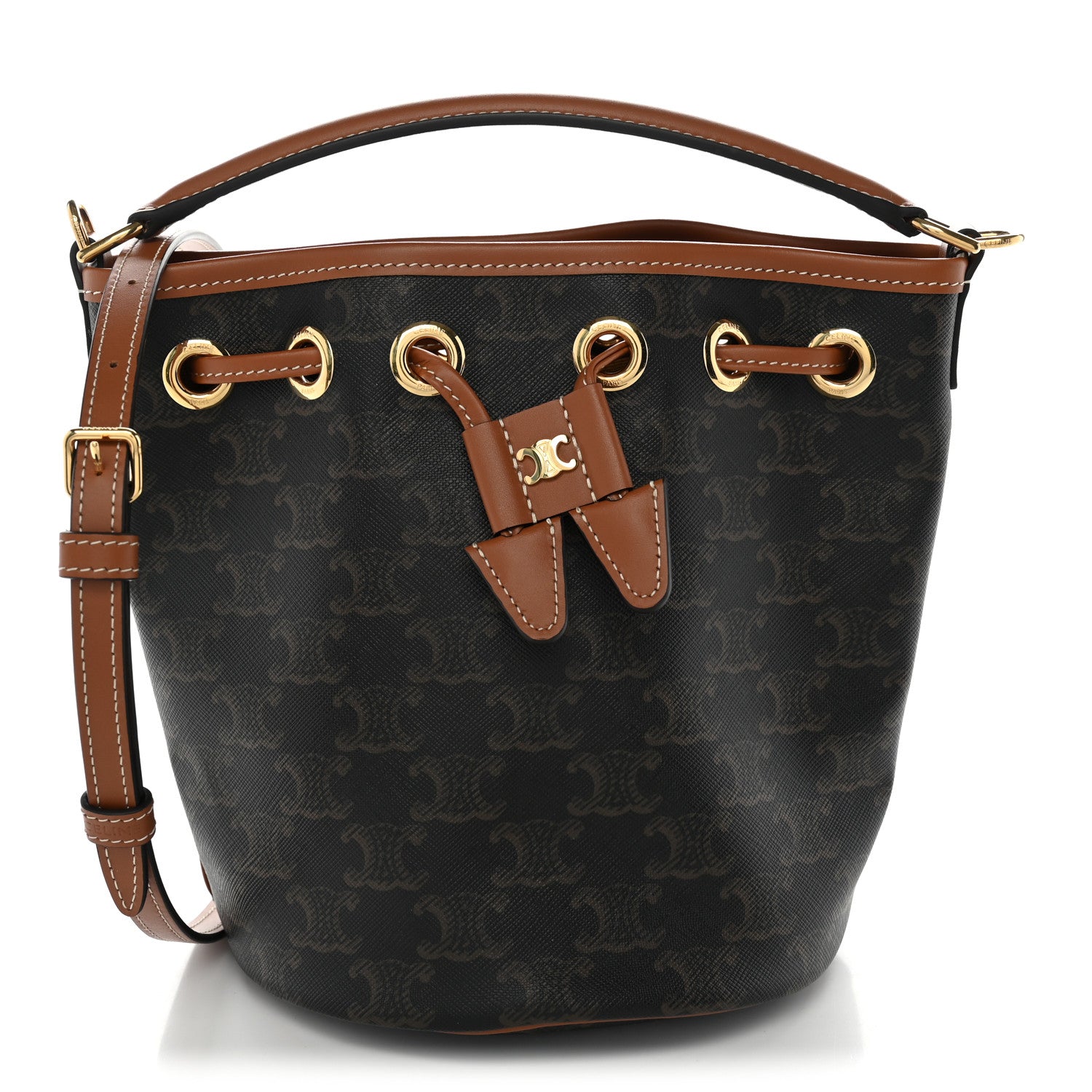 Celine Triomphe Canvas Calfskin Teen Clara Drawstring Bucket Bag Tan 1 of 9