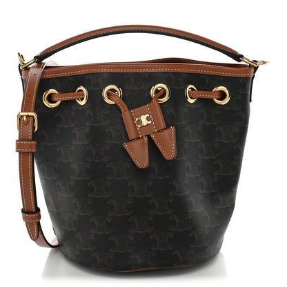 Celine Triomphe Canvas Calfskin Teen Clara Drawstring Bucket Bag Tan 1 of 9