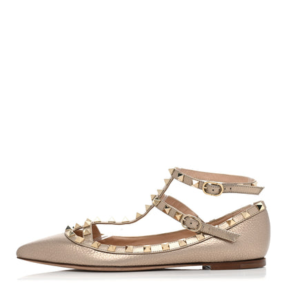 Valentino Garavani Metallic Pebbled Calfskin Rockstud Cage Ballerina Flats 38 Sasso Poudre 1 of 9