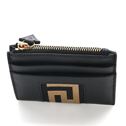 Versace Grained Calfskin Ribbon Greca Zip Card Holder Wallet Black Gold 9 of 9
