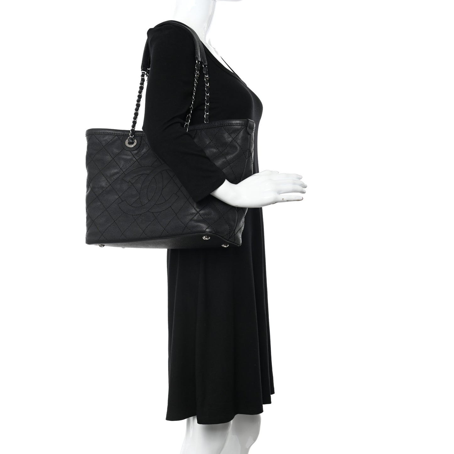 Grained Calfskin Quilted Small Daily Shopping Tote Black