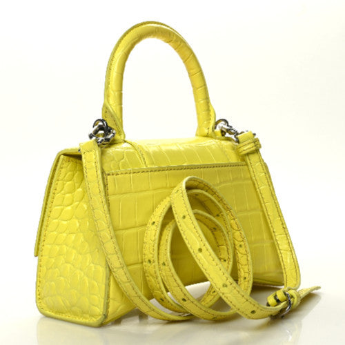 Shiny Calfskin Crocodile Embossed Hourglass Top Handle Bag XS Light Yellow