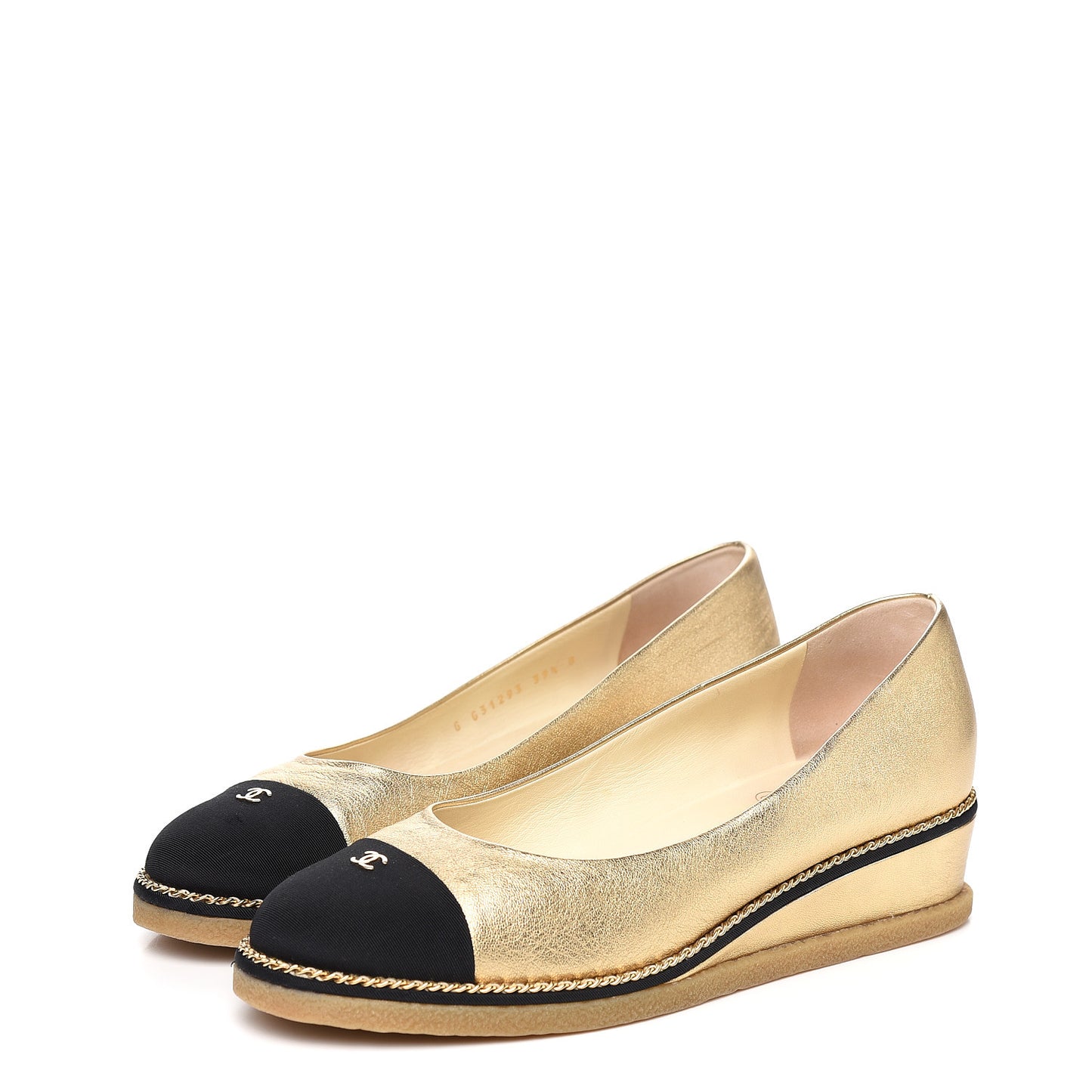 Lambskin Grosgrain Cap Toe CC Wedge Pumps 39.5 Gold