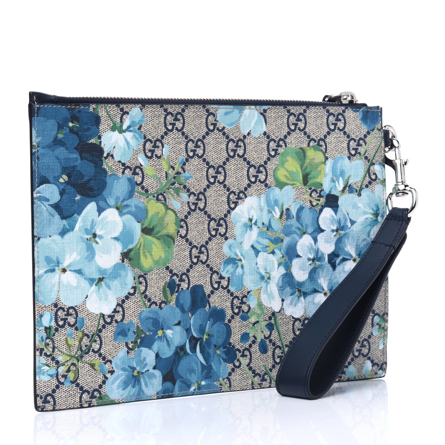 GG Supreme Monogram Blooms Small Zip Wristlet Pouch Beige Blue Black