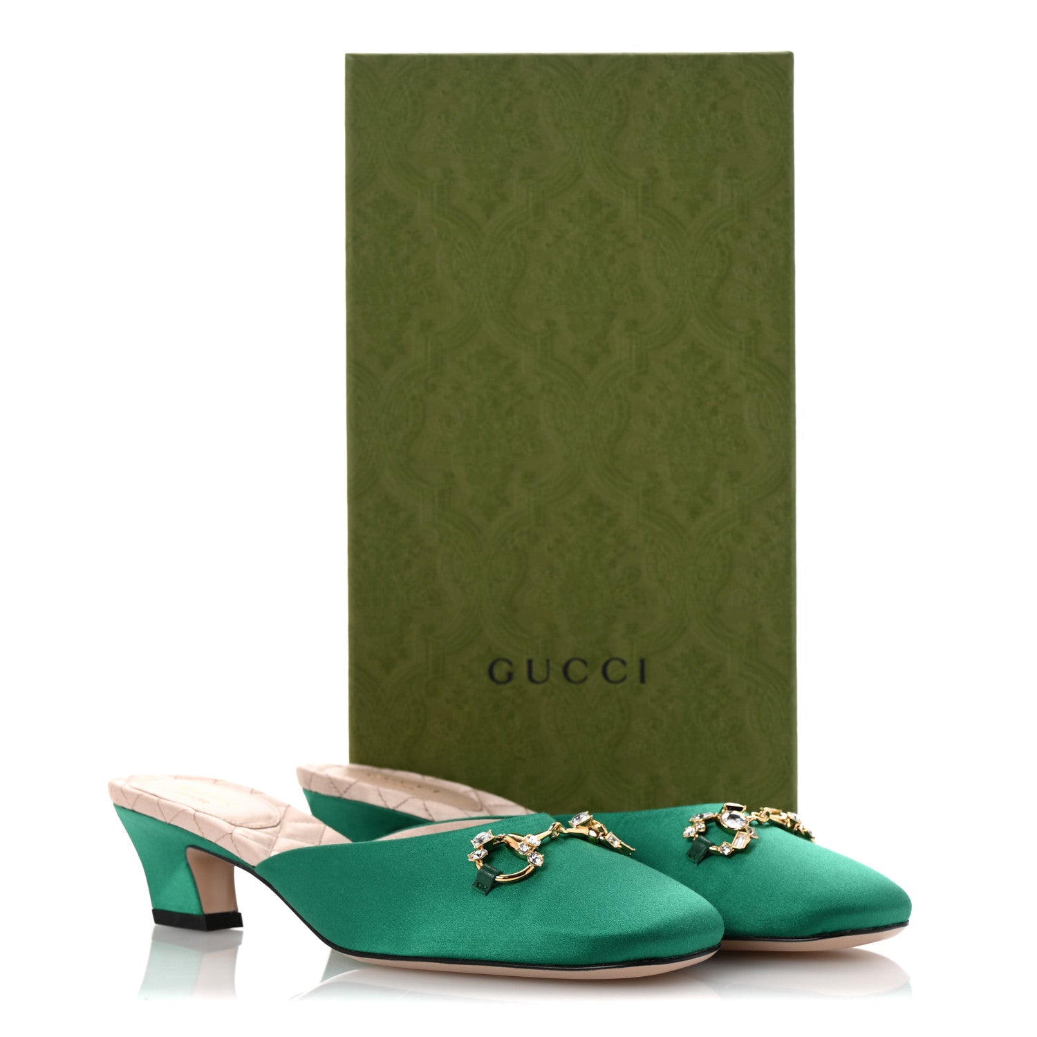 Gucci Silk Satin Crystal Embellished Horsebit Mules 36.5 Shamarock Emerald 10 of 10