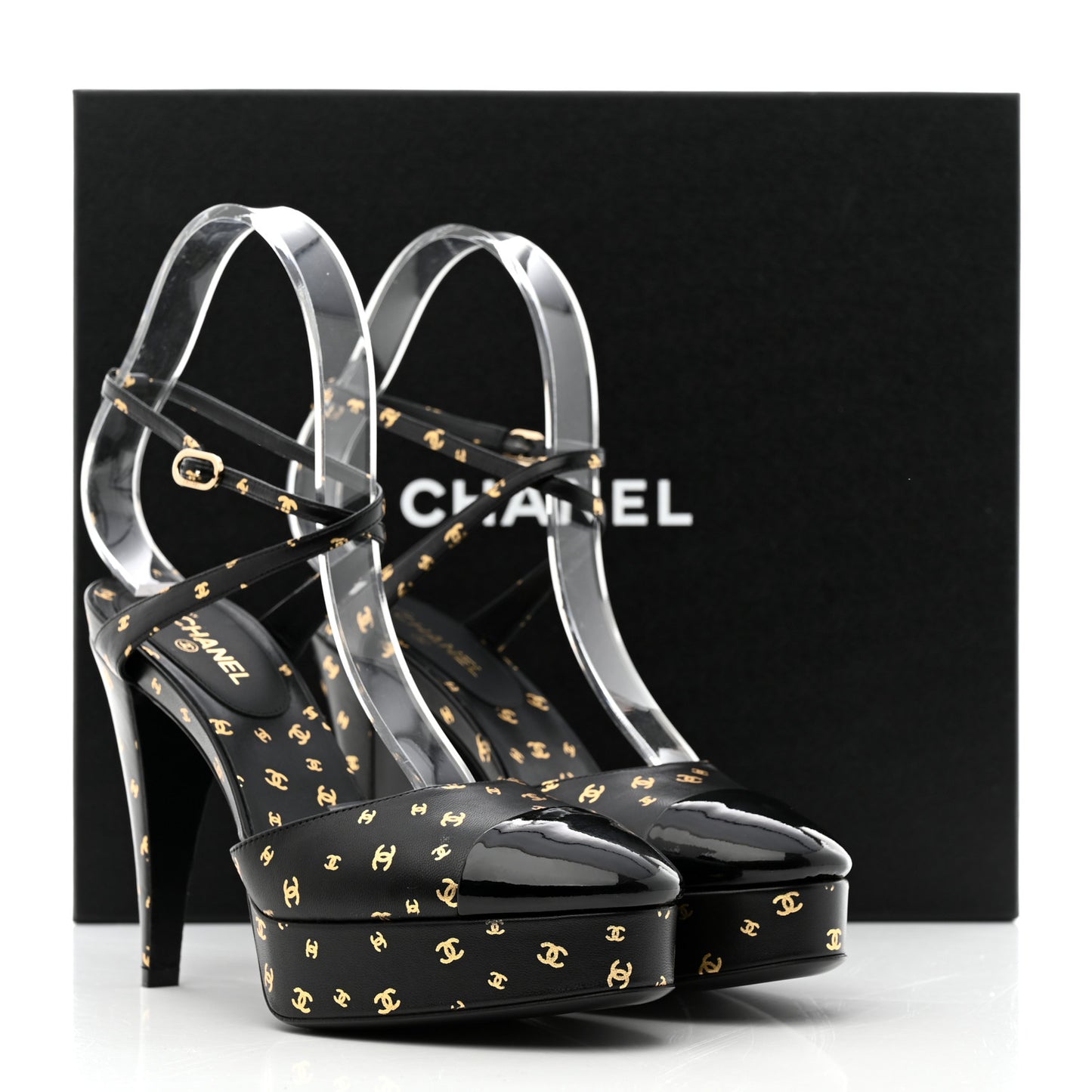 Printed Lambskin CC Platform Pumps 37 Black Gold