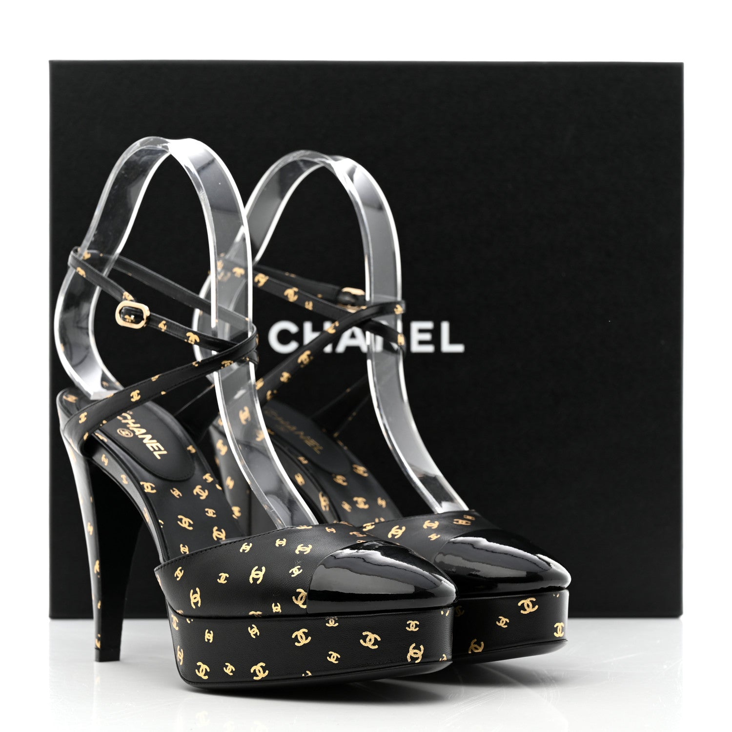 Chanel Printed Lambskin CC Platform Pumps 37 Black Gold 9 of 9