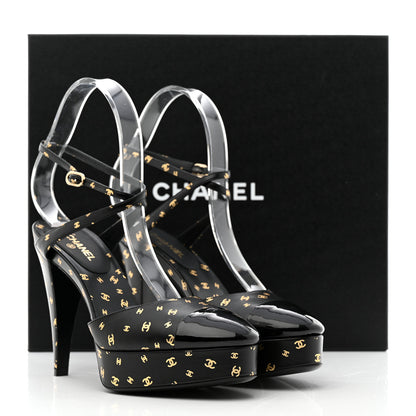 Chanel Printed Lambskin CC Platform Pumps 37 Black Gold 9 of 9