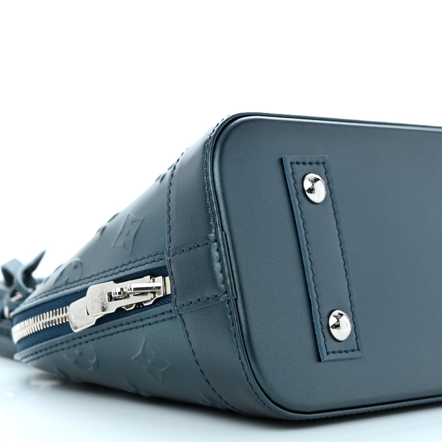 Metallic Calfskin Debossed Monogram Alma BB Steel Blue
