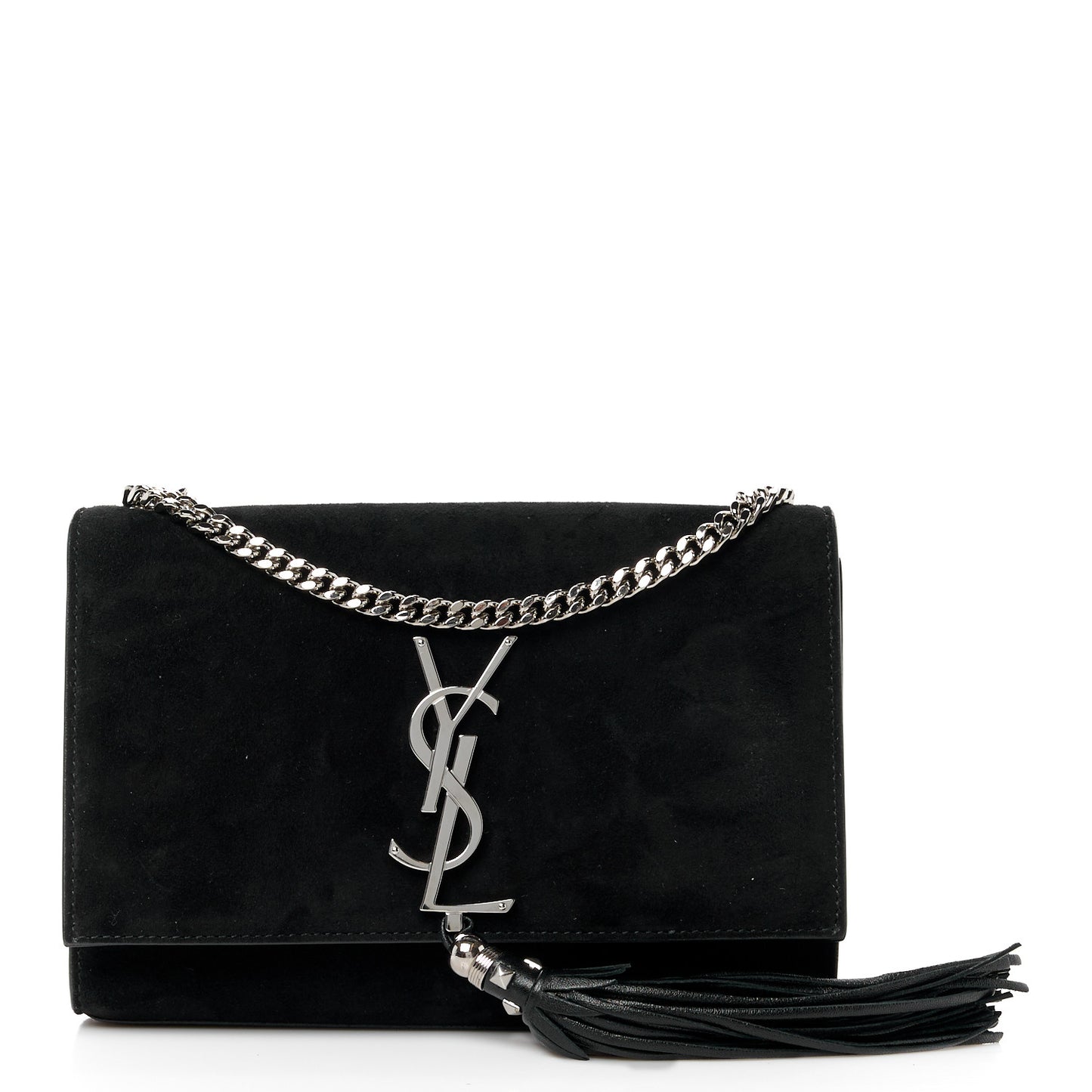 Suede Medium Classic Monogram Kate Tassel Satchel Black