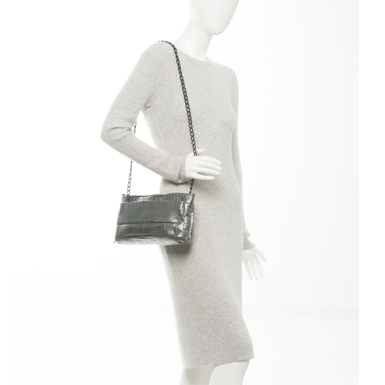 Nancy Gonzalez Metallic Crocodile Tassel Chain Shoulder Bag Silver 2 of 6