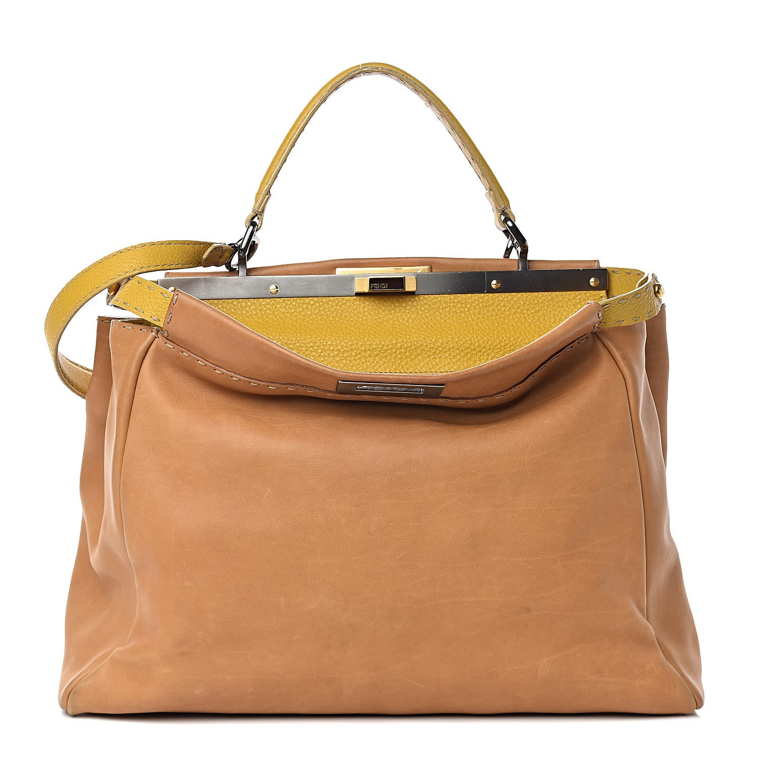 Fendi Vitello Saddle Cuoio Romano Selleria Large Peekaboo Iconic Satchel Saddle Ocra Moro 1 of 13