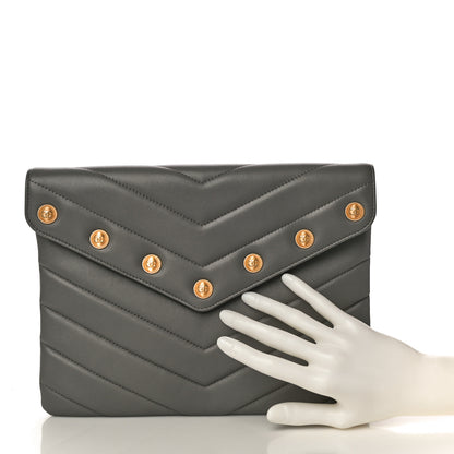 Chanel Calfskin Chevron Quilted CC Button Envelope Pouch Grey 2 of 11