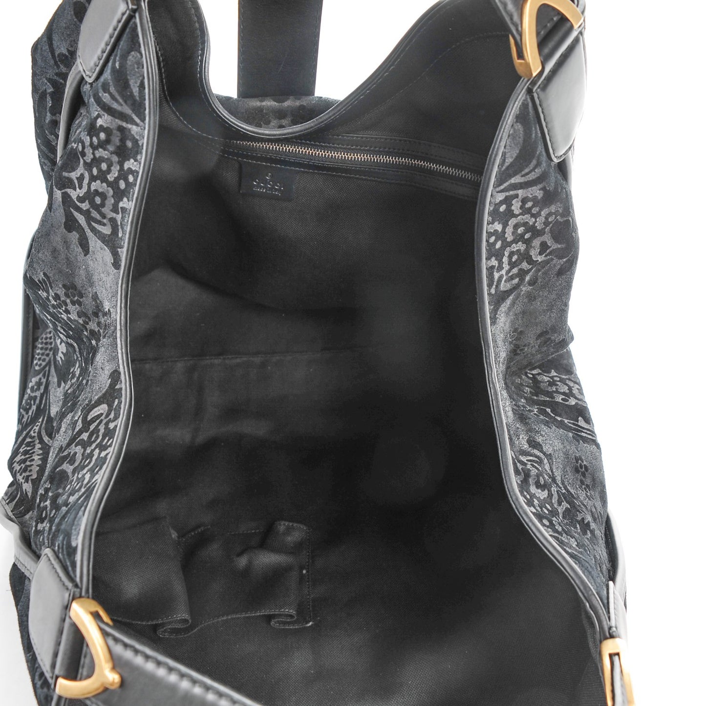 Nubuck Brocade Large Soft Stirrup Shoulder Bag Black
