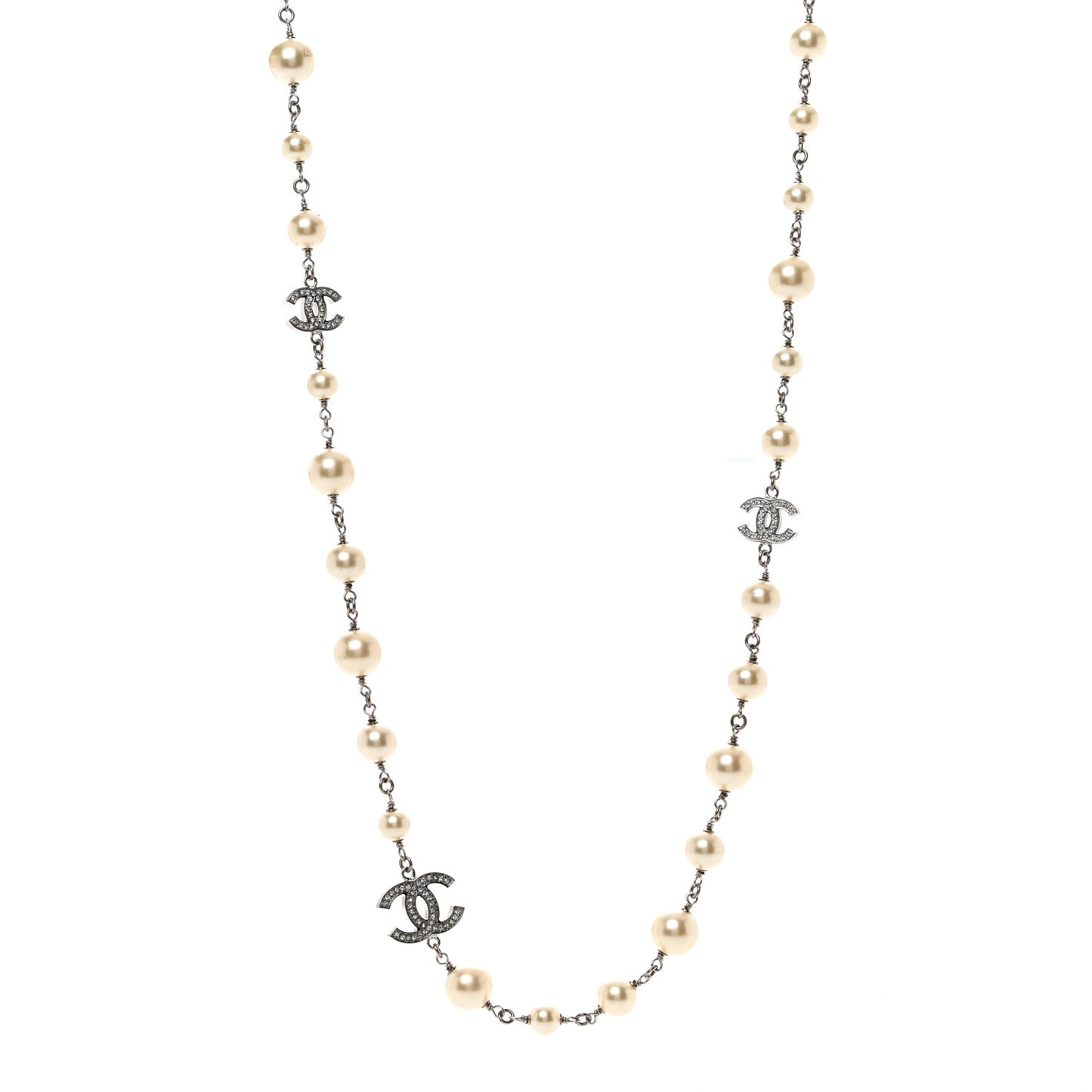 Graduated Pearl Crystal CC Long Necklace Silver