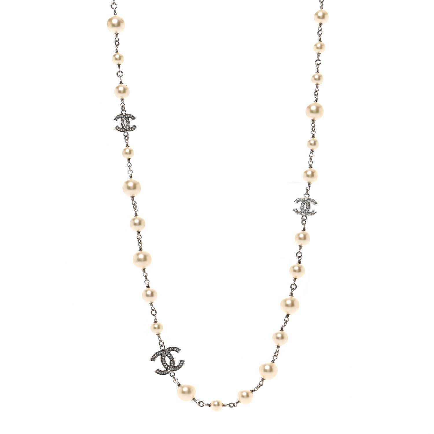 Chanel Graduated Pearl Crystal CC Long Necklace Silver 1 of 5