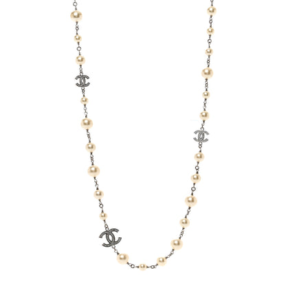 Chanel Graduated Pearl Crystal CC Long Necklace Silver 1 of 5