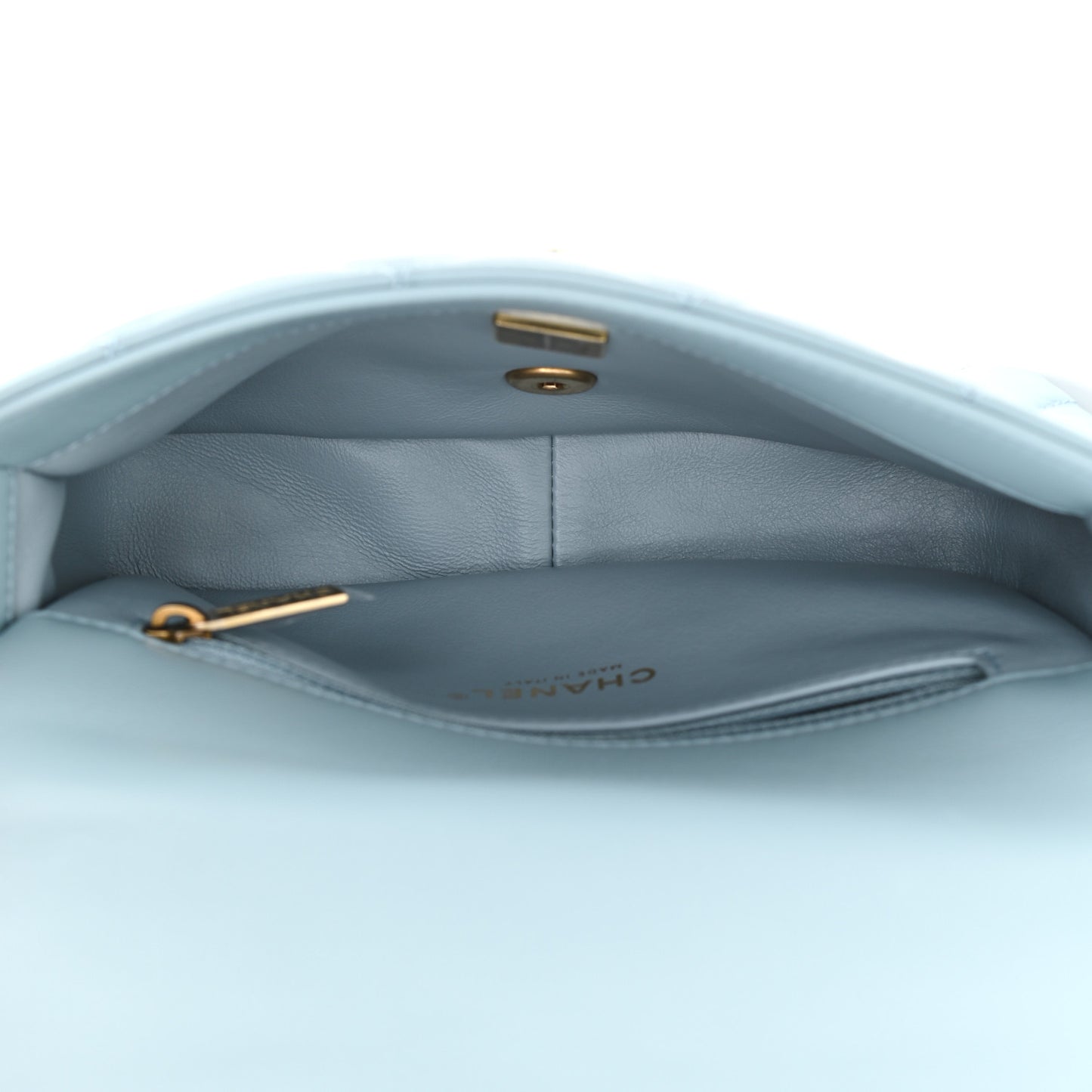 Lambskin Enamel Quilted Pending CC Mini Square Flap Light Blue