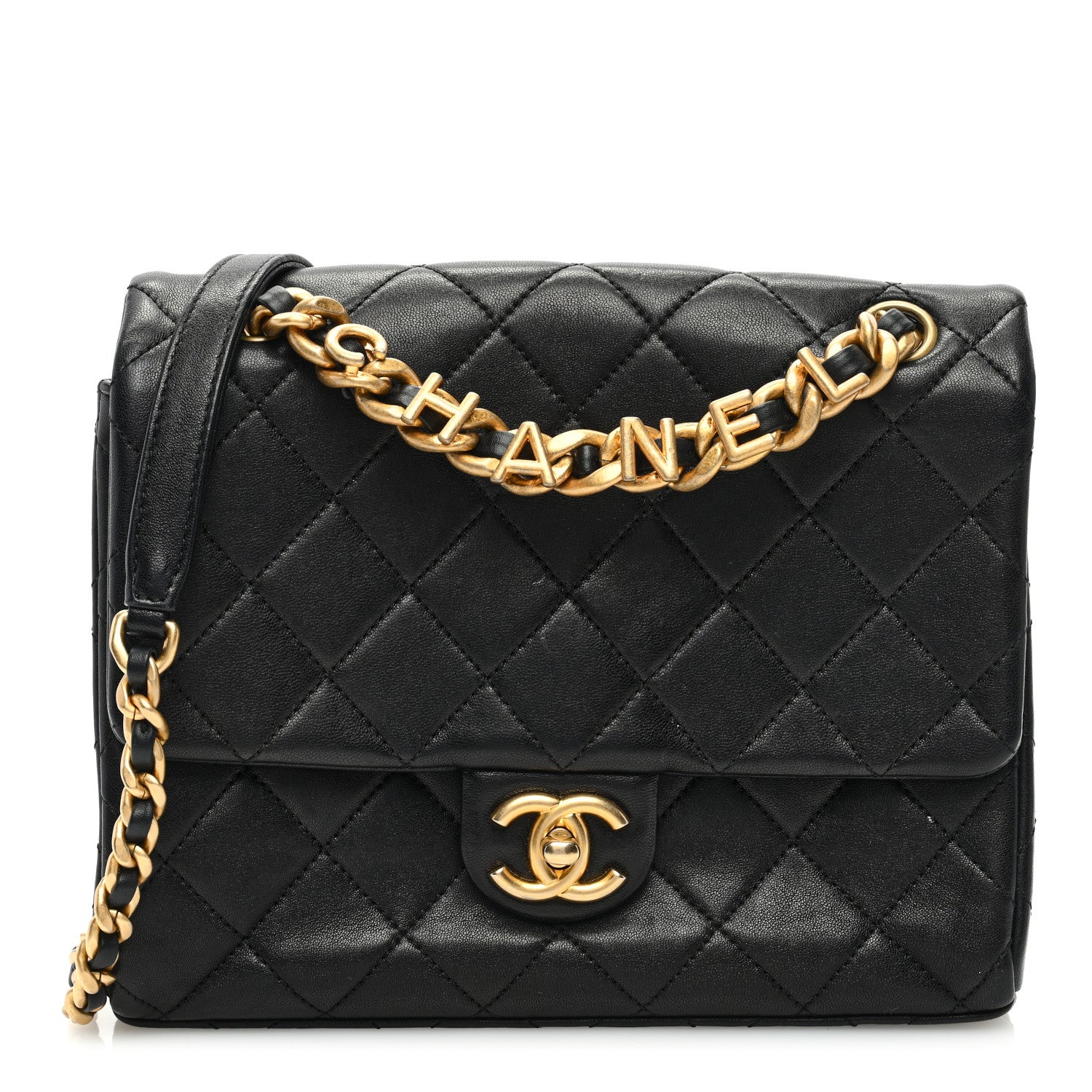 Chanel Lambskin Quilted Chaine Lettre Square Flap Black 1 of 10