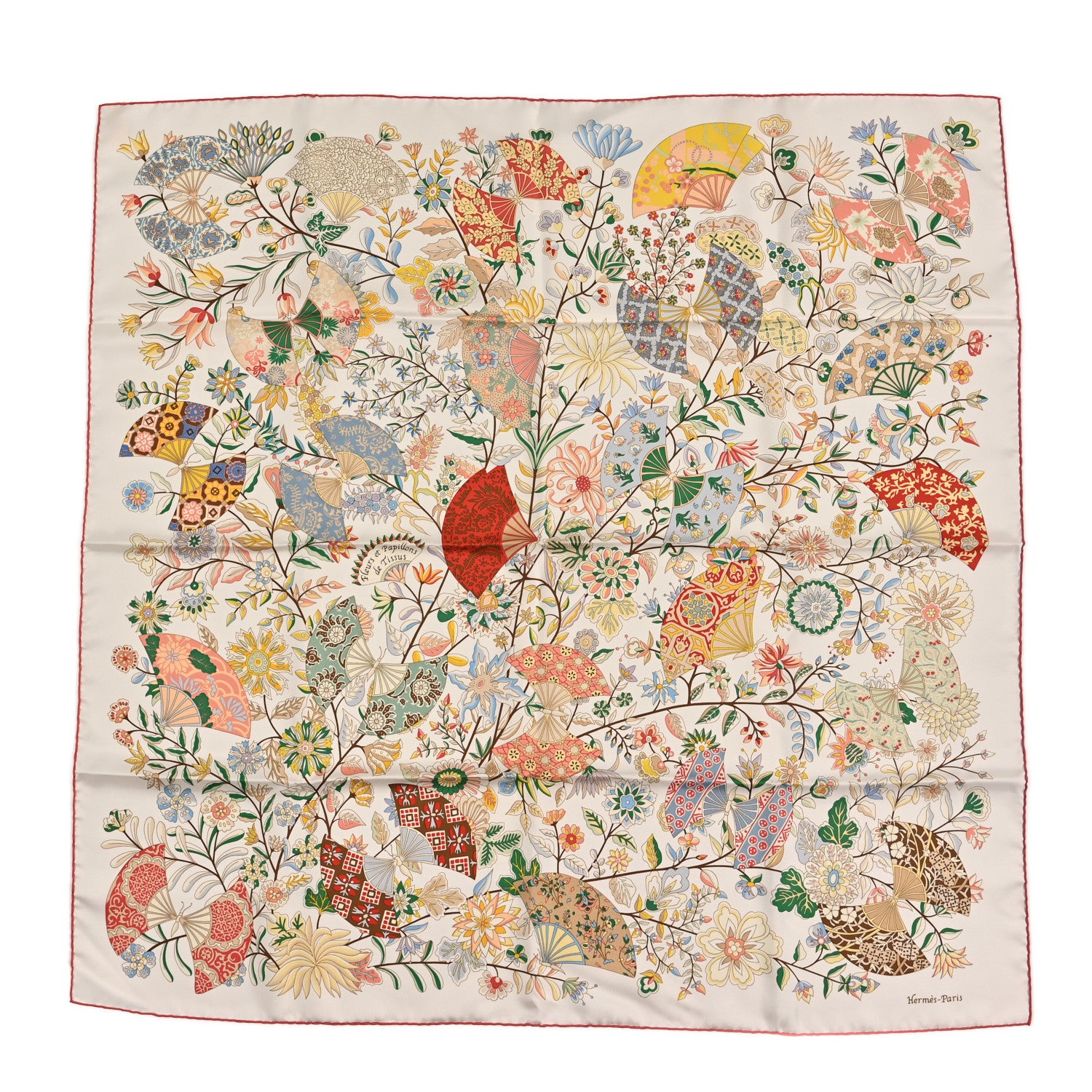 Hermes Silk Fleurs et Papillons de Tissus Scarf 90 Blanc Vert Jaune Pale 1 of 3