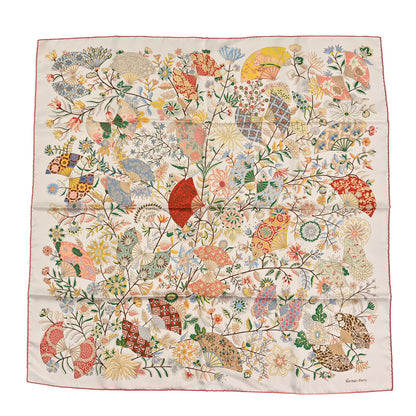 Hermes Silk Fleurs et Papillons de Tissus Scarf 90 Blanc Vert Jaune Pale 1 of 3