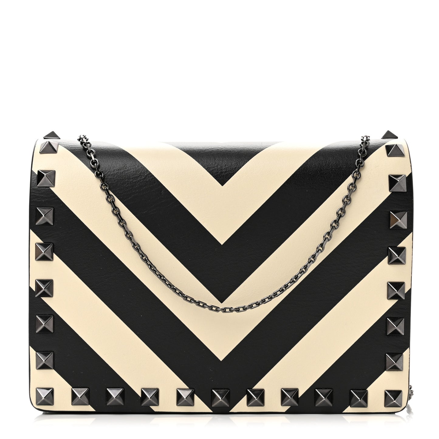 Vitello Chevron Rockstud Wallet on Chain Light Ivory Black