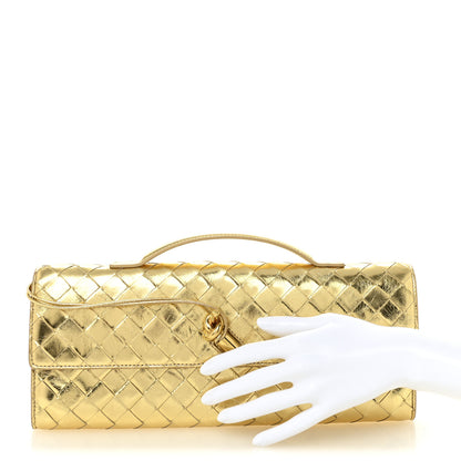 Bottega Veneta Metallic Lambskin Intrecciato Long Andiamo Top Handle Clutch Gold 2 of 6