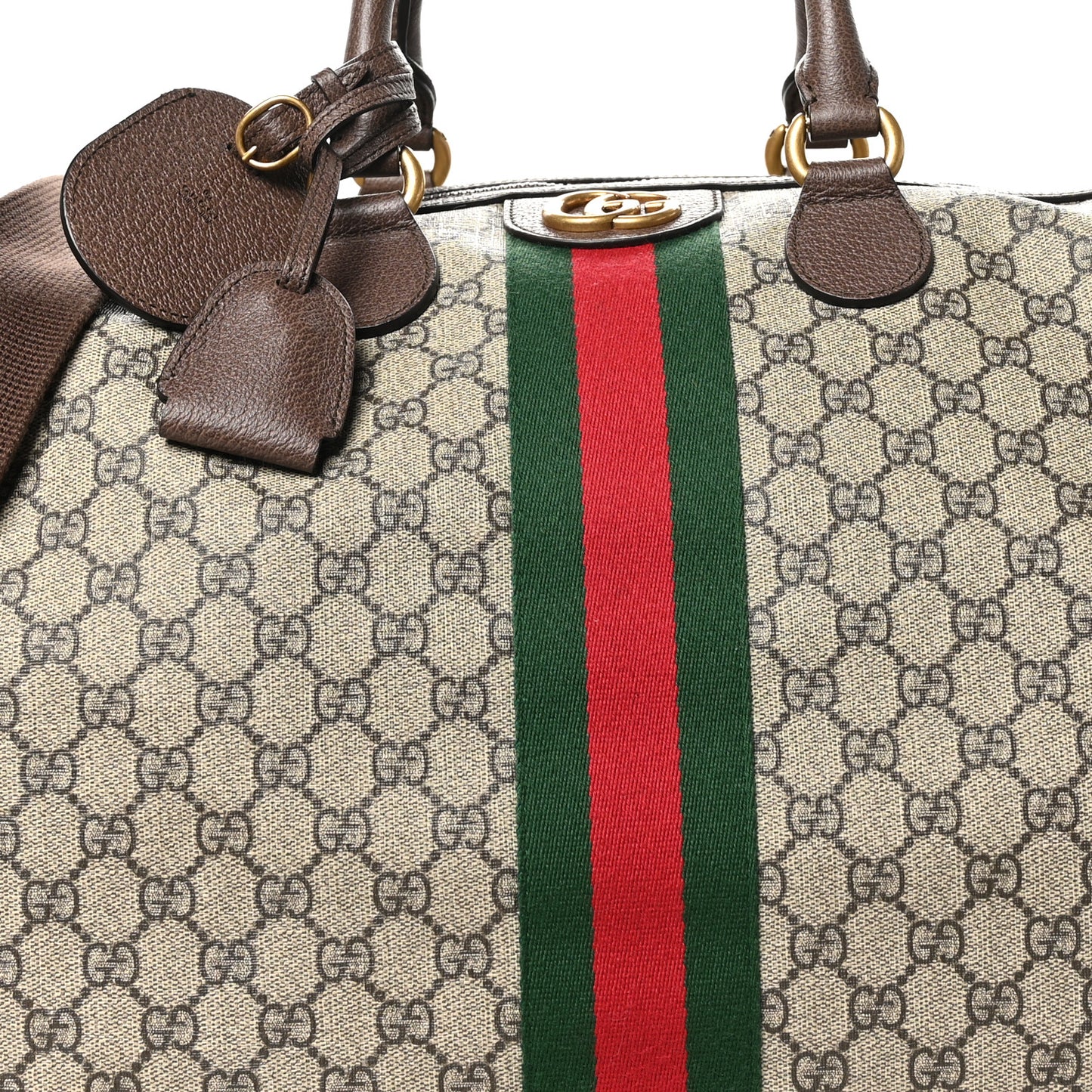 GG Supreme Monogram Textured Dollar Calfskin Web Medium Ophidia Carry-On Duffle Bag Beige Ebony New Acero