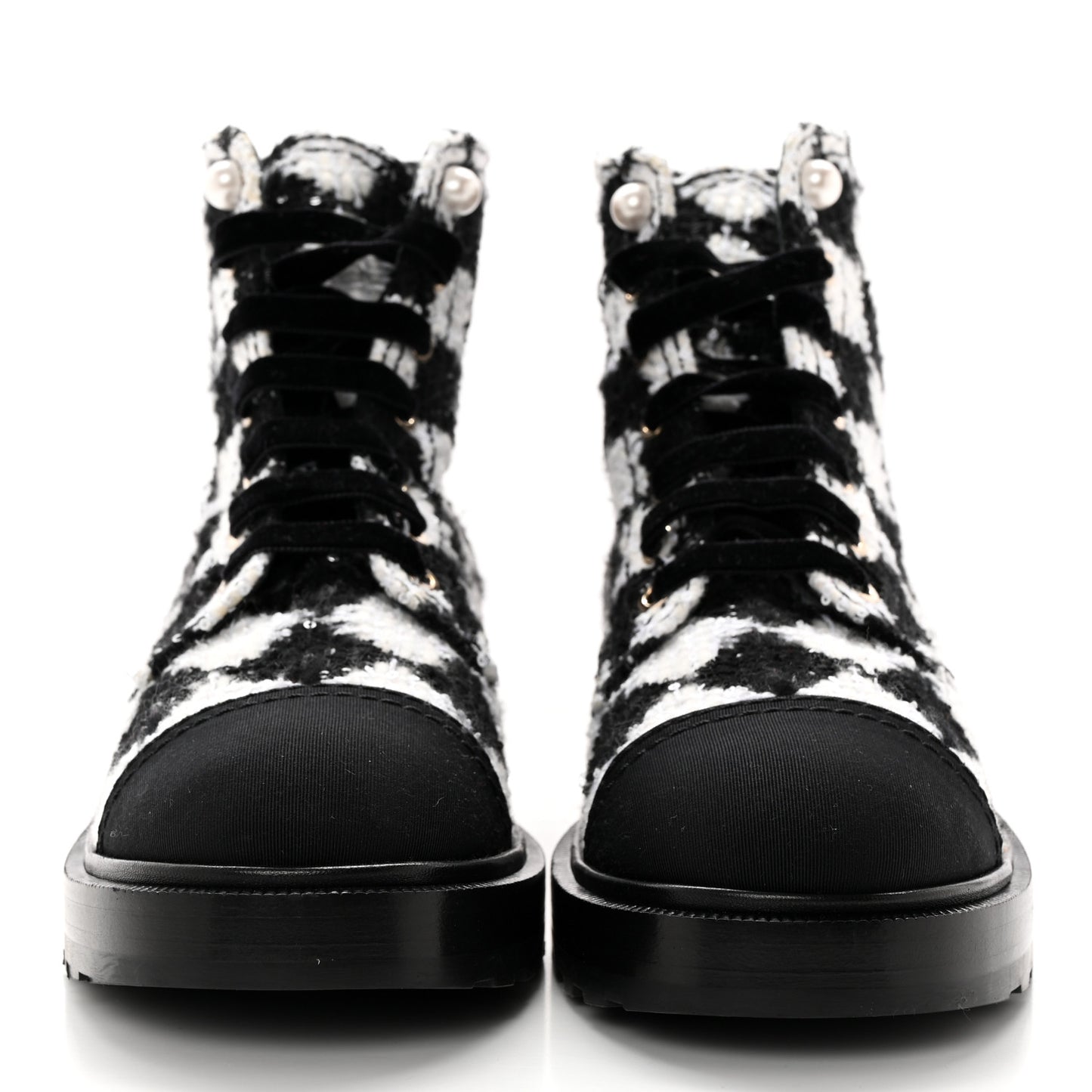 Tweed Grosgrain Pearl Combat Short Boots 40.5 White Black