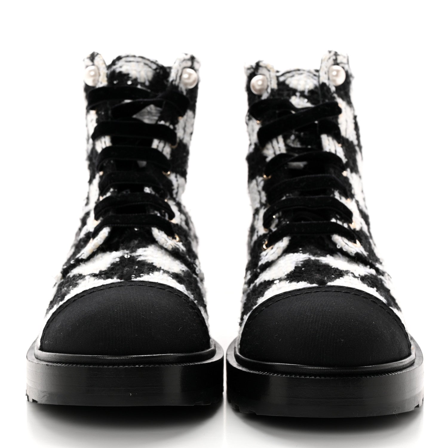Chanel Tweed Grosgrain Pearl Combat Short Boots 40.5 White Black 2 of 13