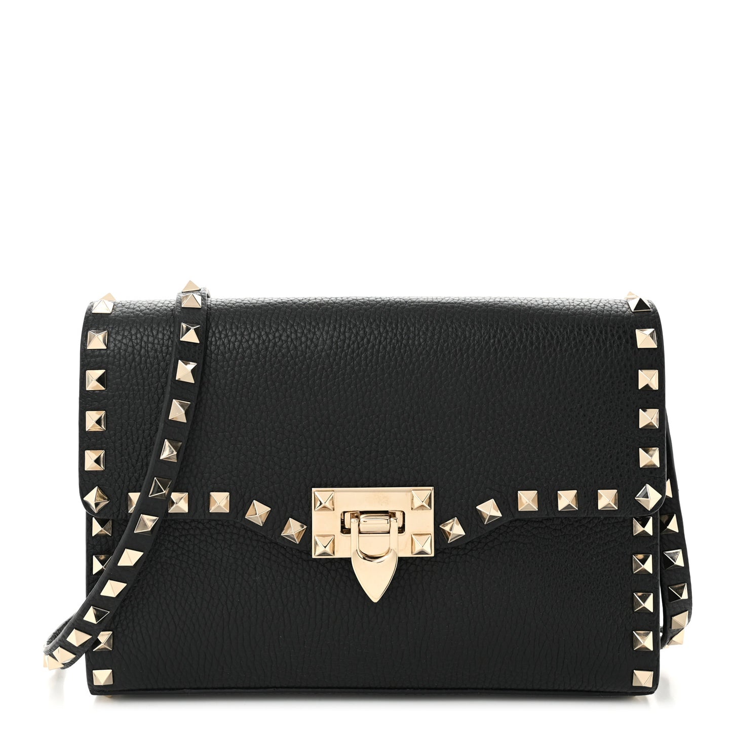 Pebbled Calfskin Medium Rockstud Flip Lock Crossbody Bag Black