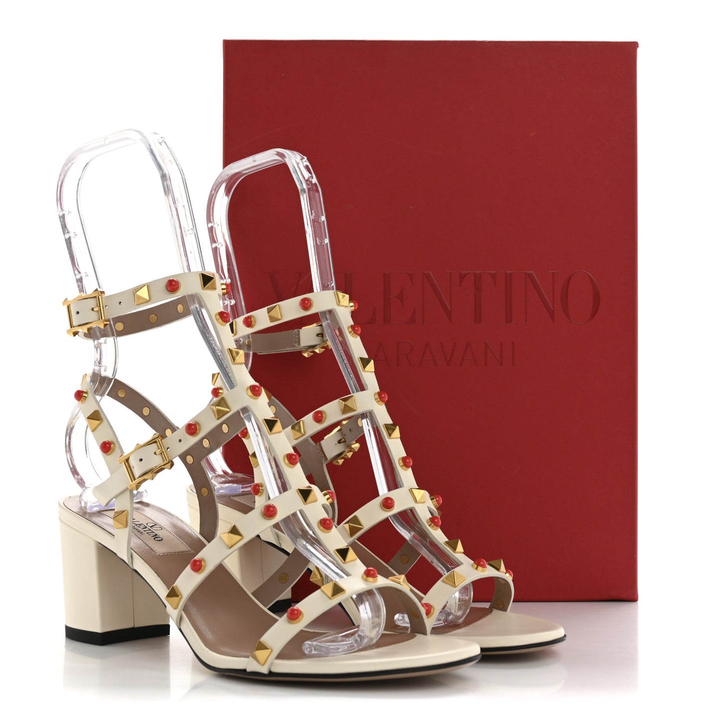 Calfskin Rockstud 60mm City Sandals 37 Ivory Coral Red