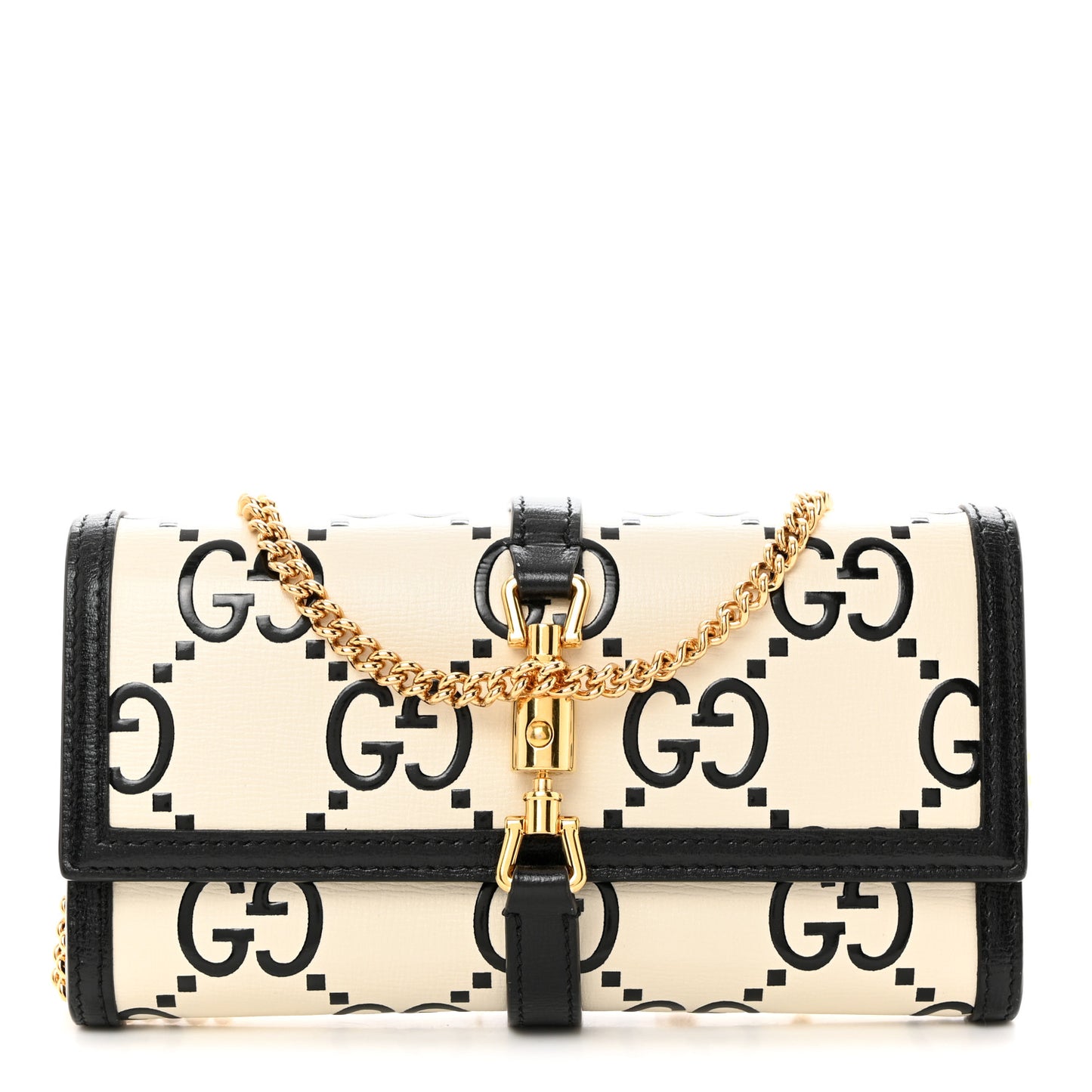 Azalea Calfskin GG Monogram Bi-Color Debossed Jackie 1961 Chain Wallet Mystic White Black