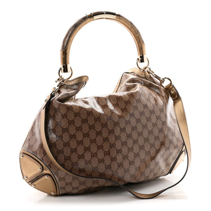Gucci Crystal Monogram Metallic Calfskin Large Indy Top Handle Bag Beige Ebony Gold 3 of 10