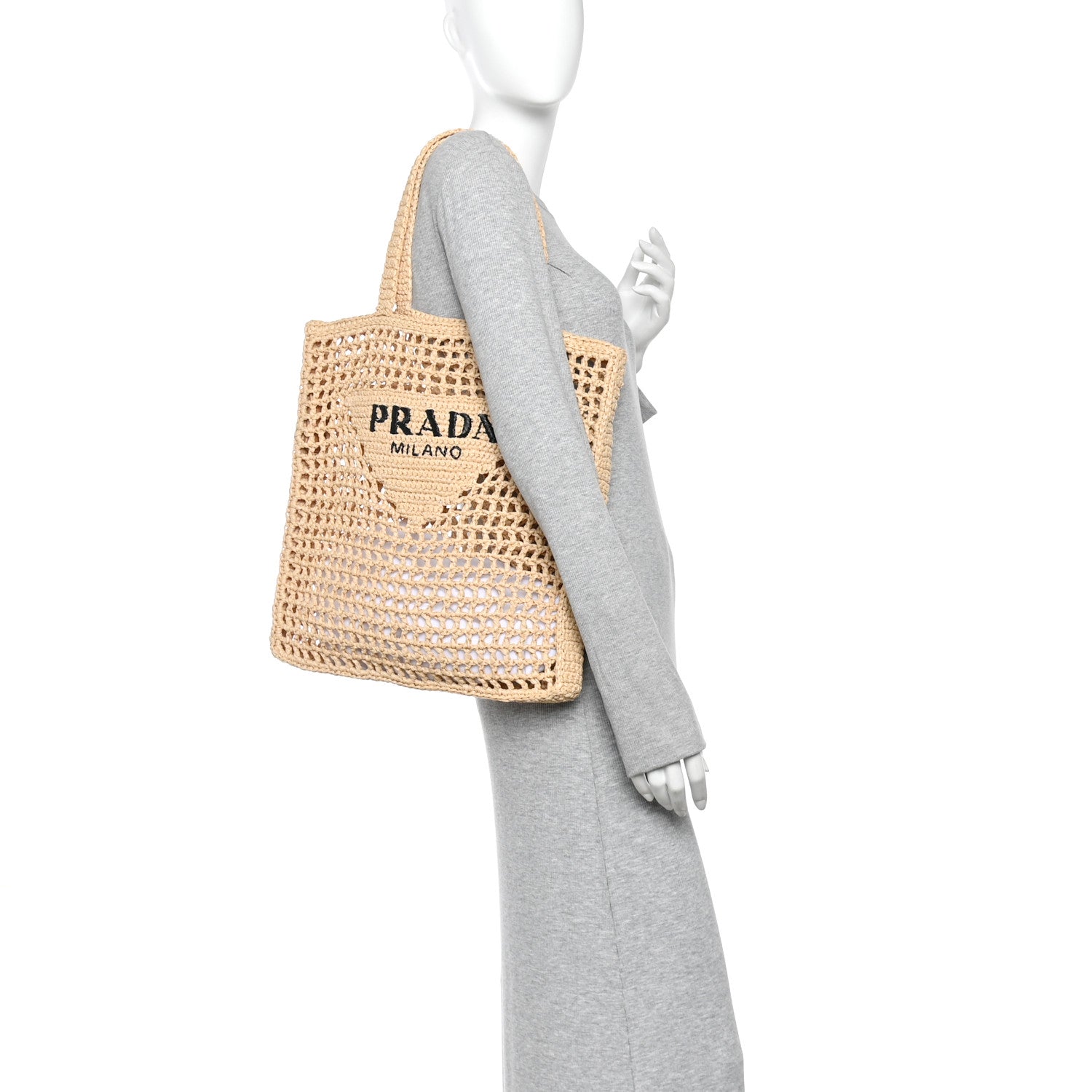 Prada Yarn Raffia Effect Crochet Logo Embroidered Tote Bag Naturale 2 of 10