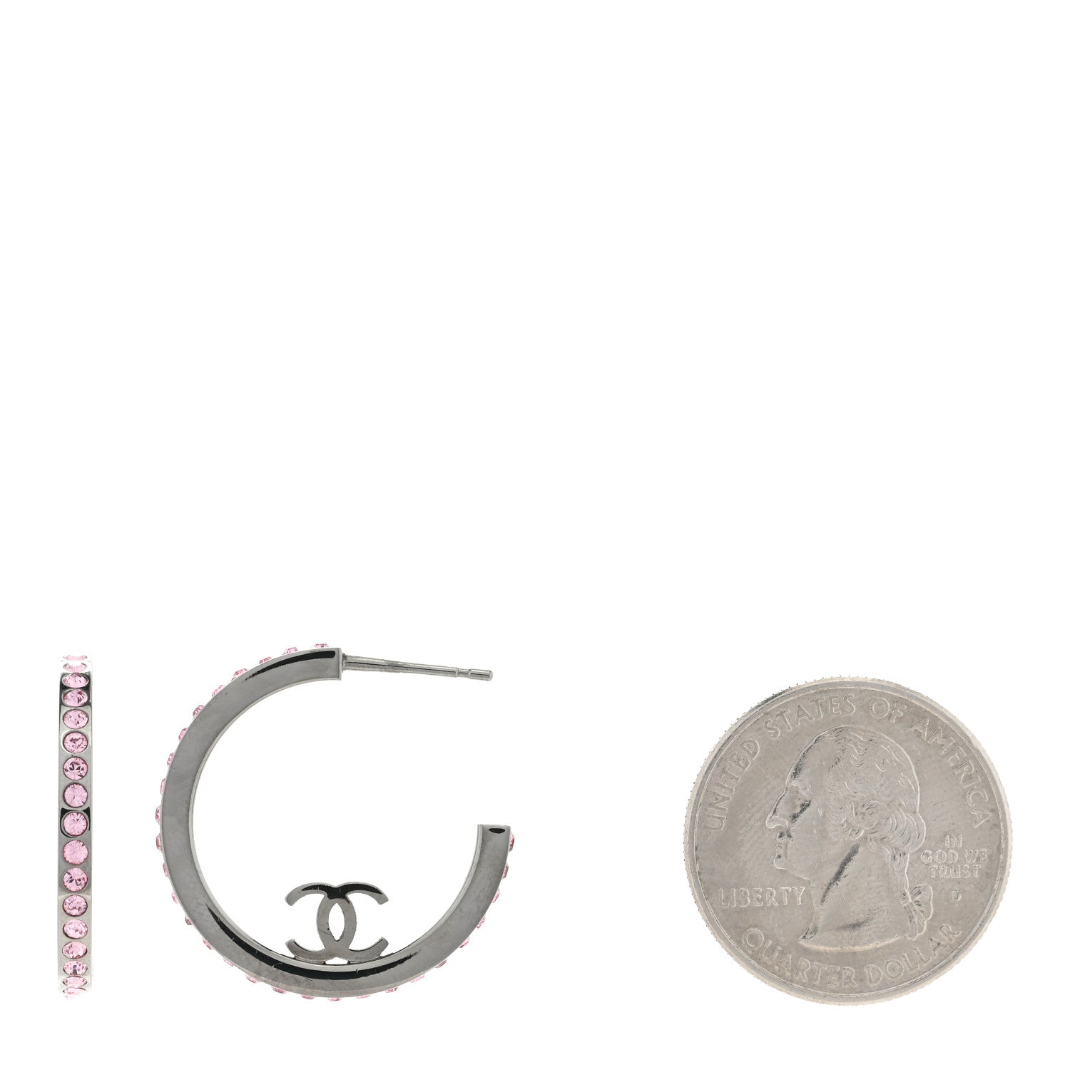 Chanel Crystal CC Hoop Earrings Pink Silver 2 of 4