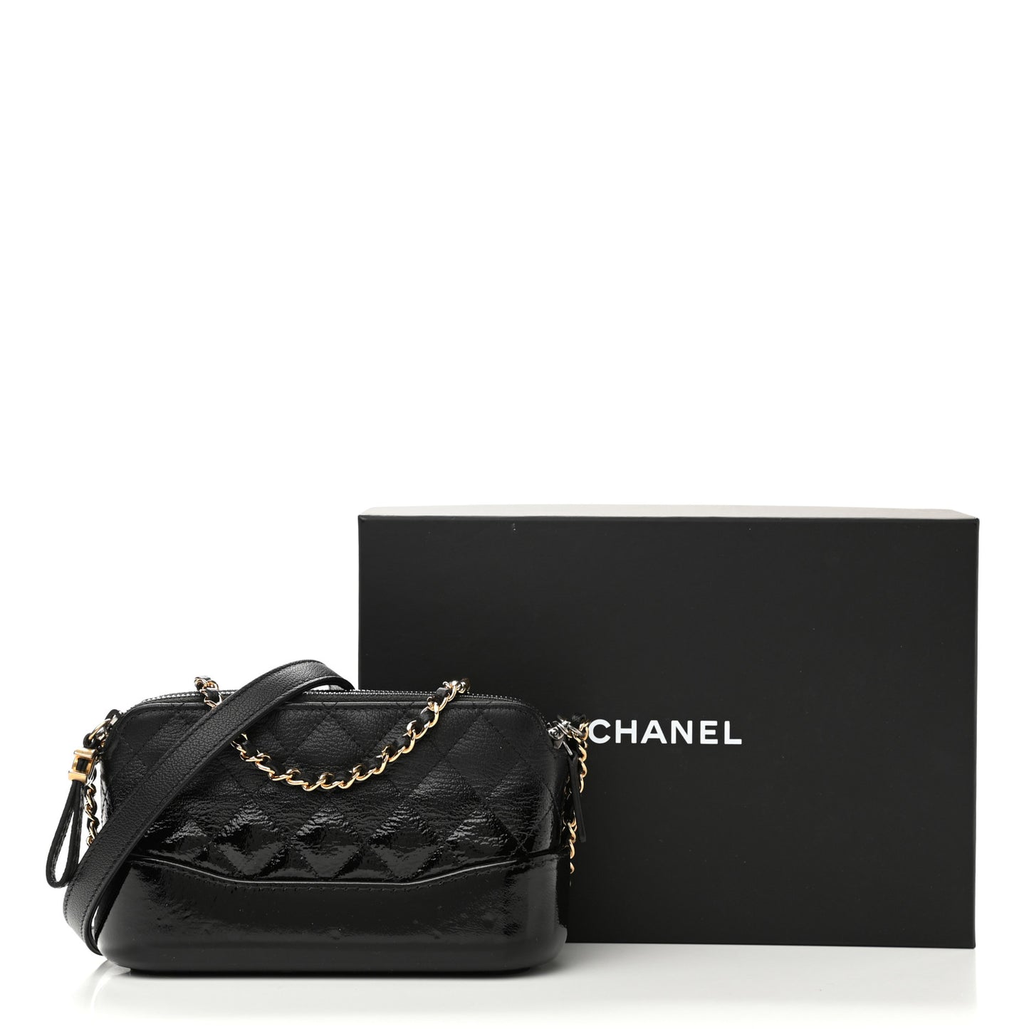 Patent Goatskin Quilted Small Gabrielle Clutch With Chain Black