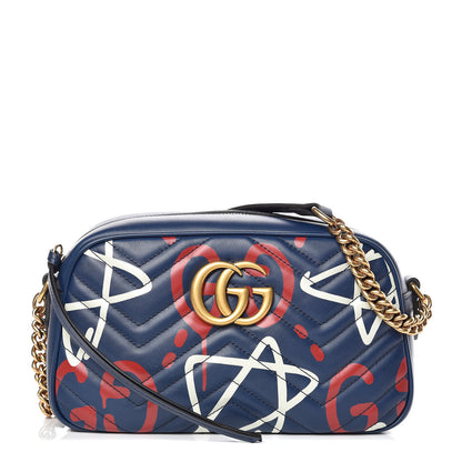 Gucci Calfskin Matelasse GucciGhost Small GG Marmont Chain Shoulder Bag Blue Agata Hibiscus Red 1 of 10