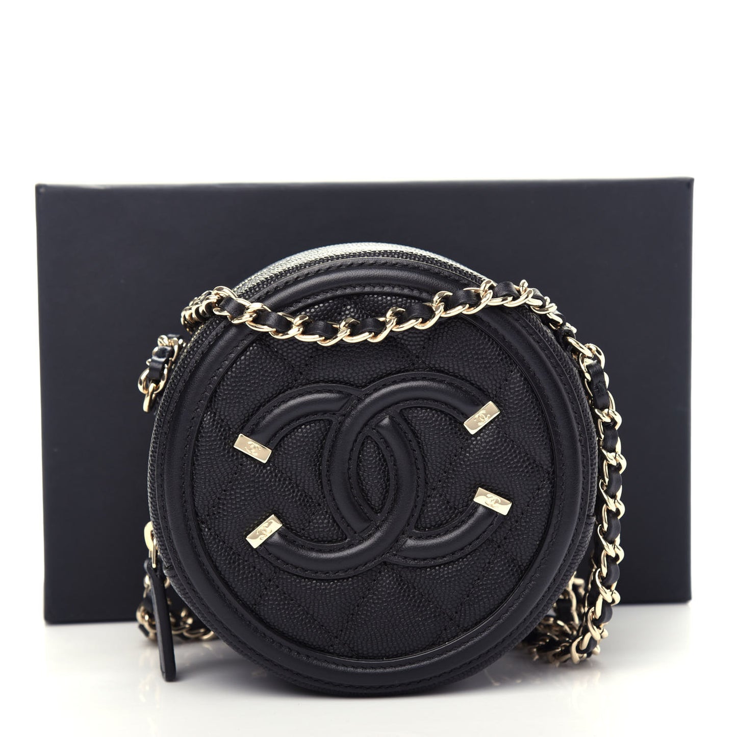 Caviar Quilted Round Filigree Crossbody Black